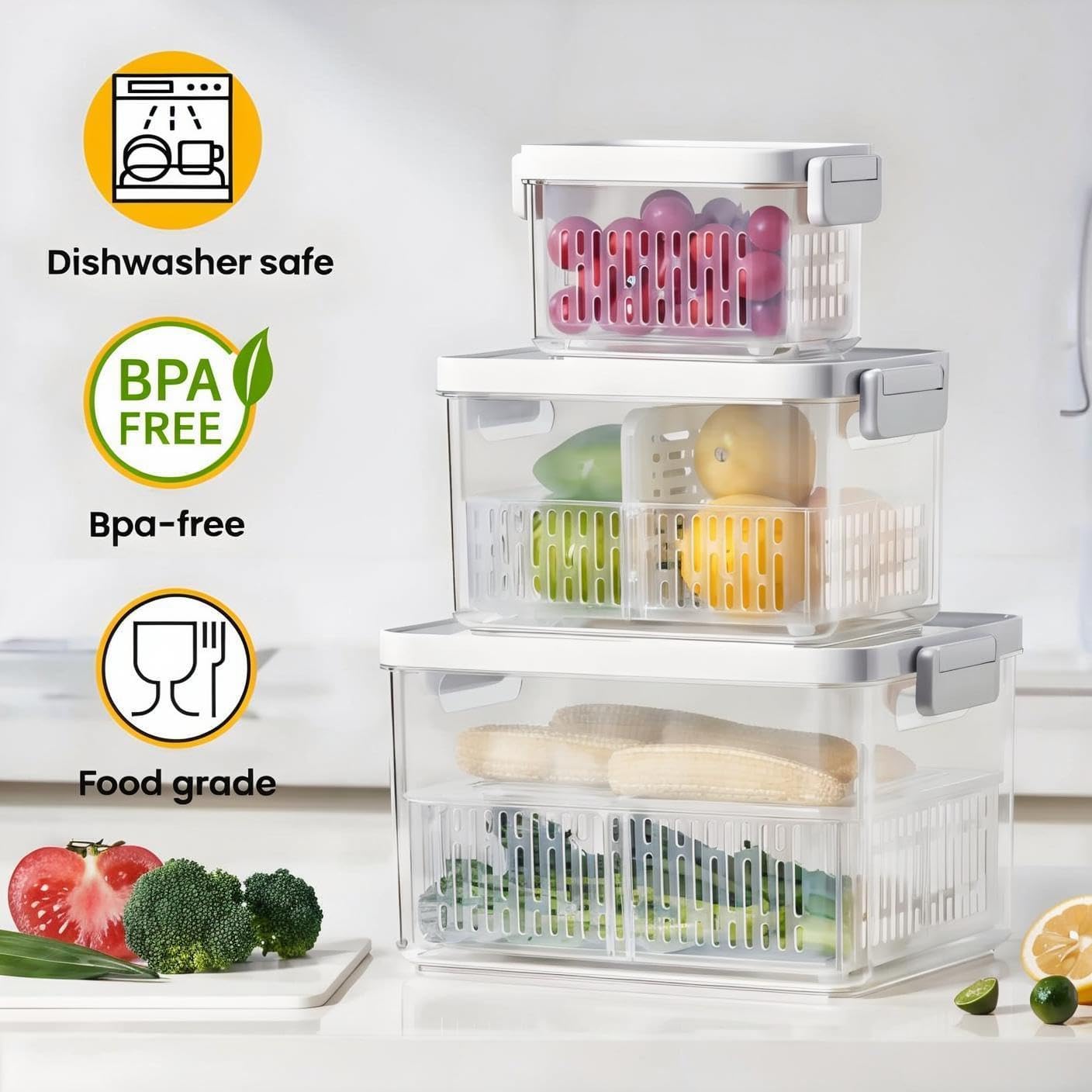 vacane 2 Pack Produce Saver with lids & Colanders, Clear Fruit Containers for Fridge Dishwasher Safe Berry Containers, BPA-Free Lettuce Keeper, Keep Vegetable Food Fresh