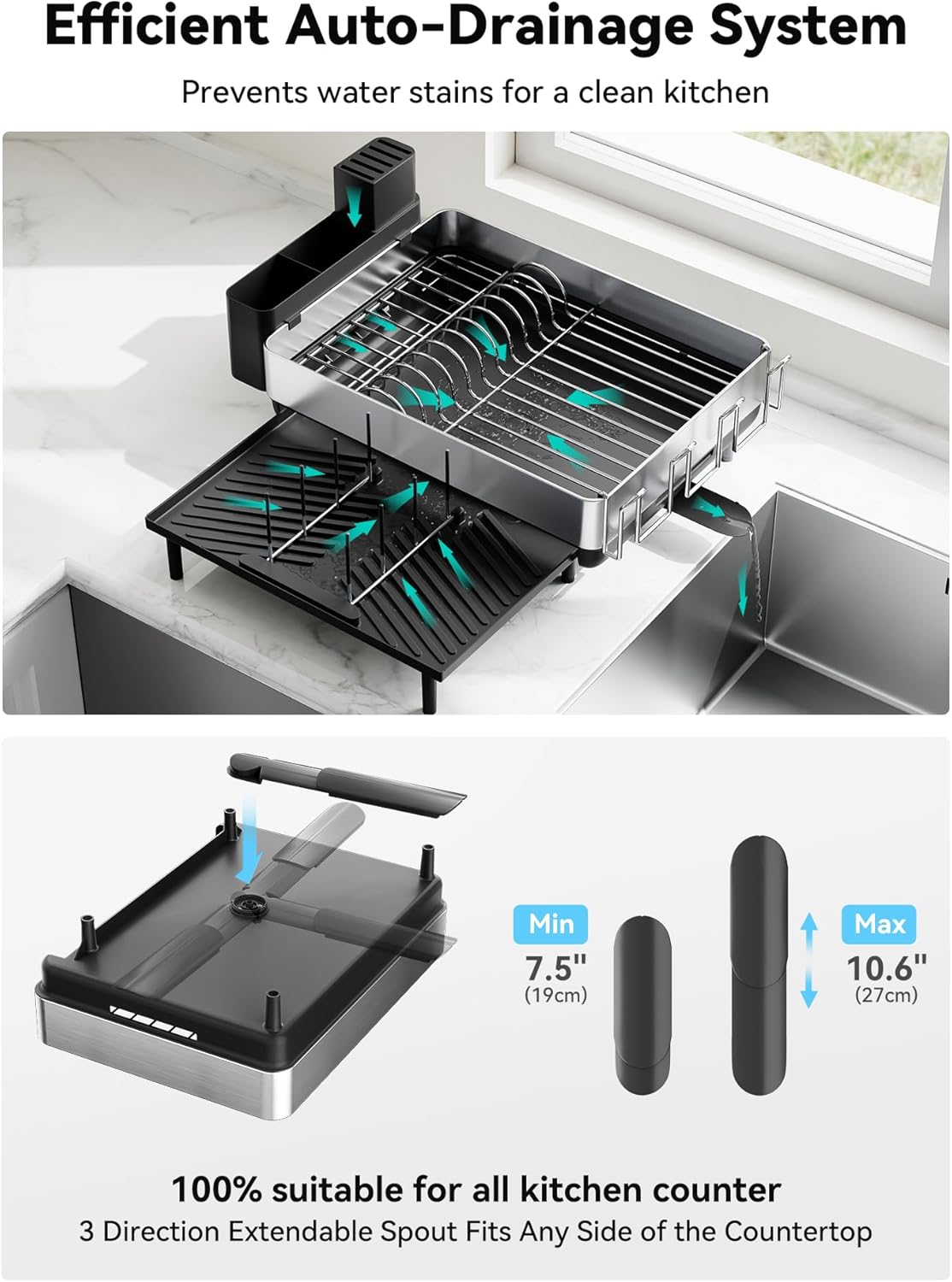 SUNLY Large Dish Drying Rack, Expandable Dish Racks for Kitchen Counter, Space Saving 304 Stainless Steel Drying Rack Kitchen, Extra Large Drainer with Multifunctional Flip Up Pegs, Black