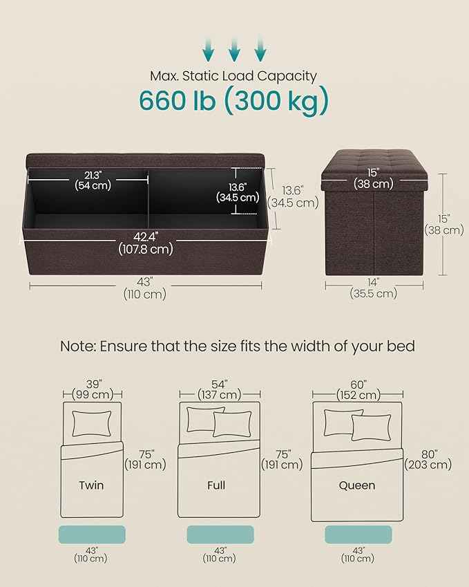 SONGMICS MAZIE Collection - 43 Inches Folding Storage Ottoman Bench, Ottoman Foot Rest, End of Bed Bench, Storage Chest, Load 660 lb, for Living Room, Bedroom, Entryway, Brown ULSF77BR