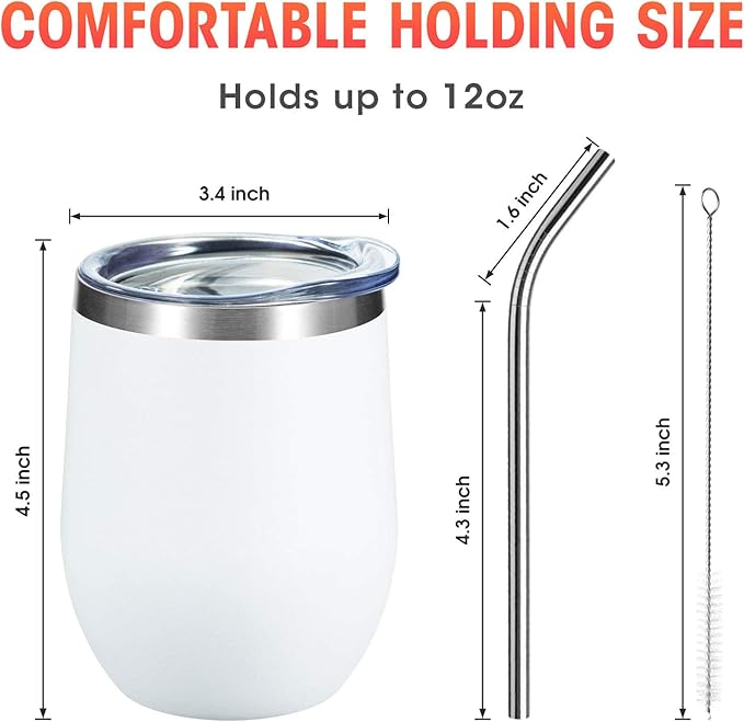 COMOOO 12oz Stainless Steel Wine Tumbler with Lid and Straw, Insulated Wine Tumbler Cup, Stemless Wine Glass Tumbler for Hot and Cold Drinks,Champagne, Cocktails, White, 4 Pack