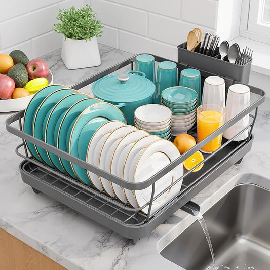 Sakugi Stainless Steel Dish Drying Rack for Kitchen Counter, Sink Organization and Storage Essentials with Silverware & Utensil Holder, Home and Apartment Decor, 12''W x 15.6''L, Gray