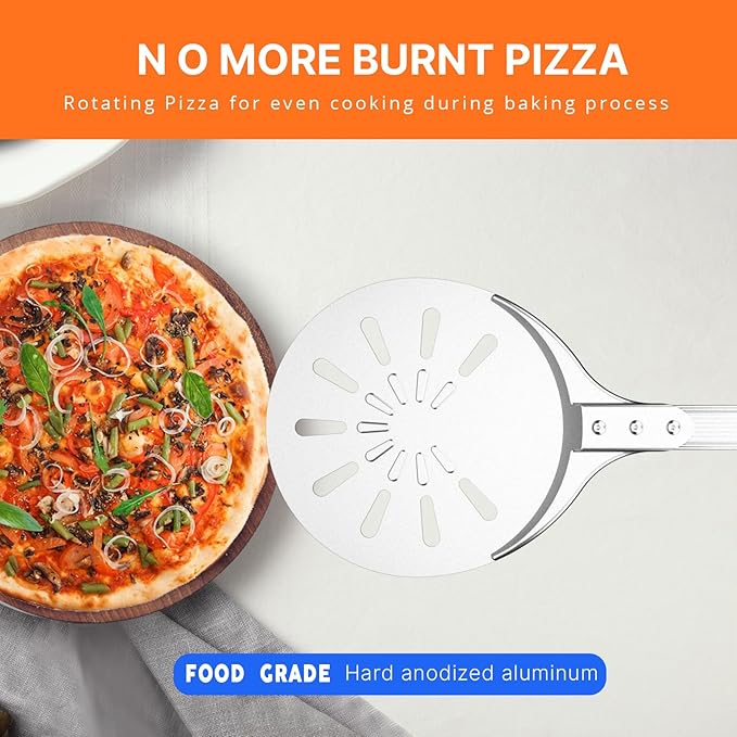 Pizza Turning Peel, 8-inch Pizza Peel Turner Spinner, Long Handle Perforated Aluminum Pizza Peel with Silicone Hook, Pizza Oven Accessories