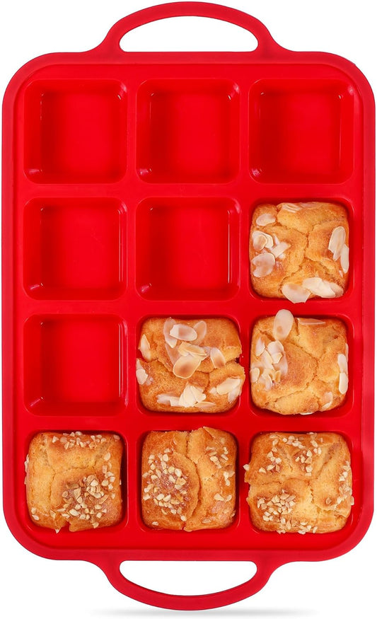 1 Pc Square Brownie Pan With Dividers Mini Silicone Brownie Pan for Baking Individual Nonstick 12 Cups Square Muffin Cupcake Pans with Metal Reinforced Frame (Red)