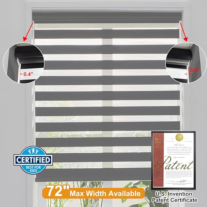Persilux Cordless Zebra Blinds for Windows Free-Stop Roller Window Shades (35" W X 64" H, Black) Dual Layer Light Control for Day and Night, Light Filtering Sheer Shades for Home, Easy to Install
