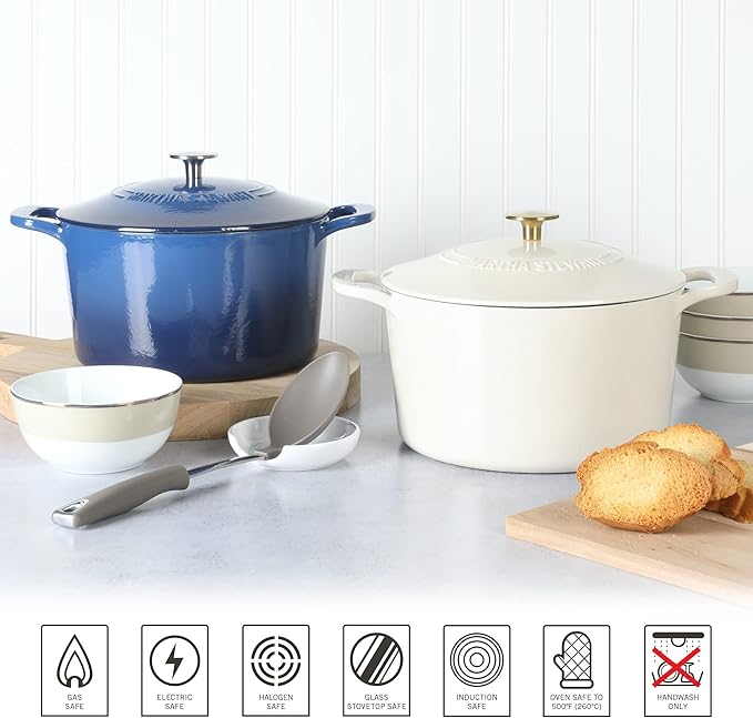 MARTHA STEWART Gatwick 7-Quart Enamel Cast Iron Dutch Oven – Linen White With Gold – Heavy-Duty Dutch Oven for Slow Cooking, Braising & Baking
