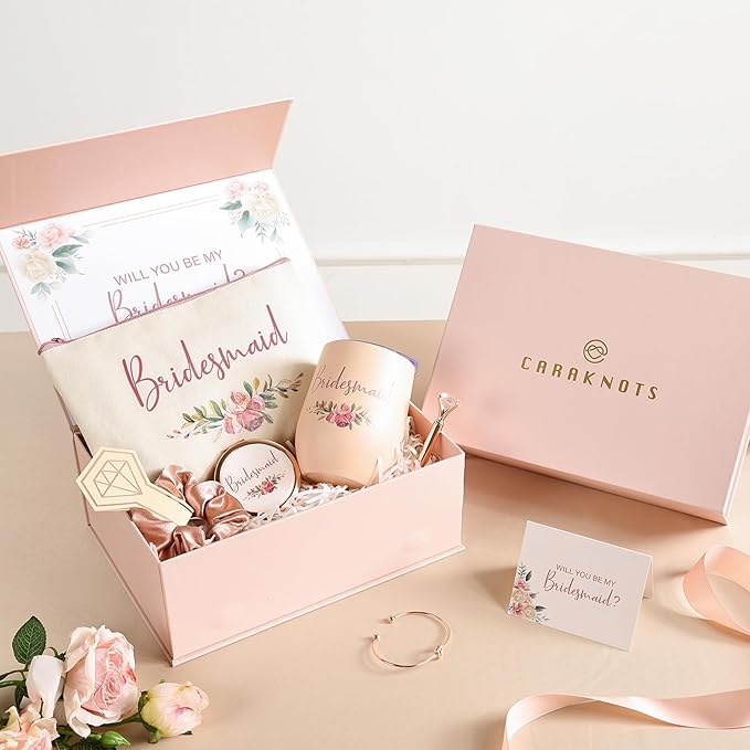 CARAKNOTS Bridesmaid Proposal Gifts Box, Will You Be My Bridesmaid Gift Set Pink Bridesmaids Box for Wedding Bridal Bachelorette Party Favor Stainless Steel Wine Tumbler 12 oz