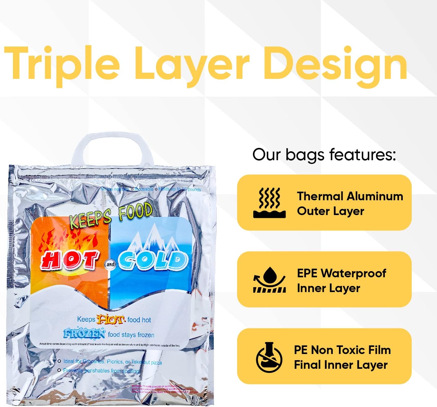 Superio Hot and Cold Insulated Bags for Food Delivery, Grocery Shopping Bags, Food Storage for Hot and Frozen Food for Travel, Disposable Cooler Bag, Reinforced Thermal Lunch Bag (2, 13"x7"x15.5")