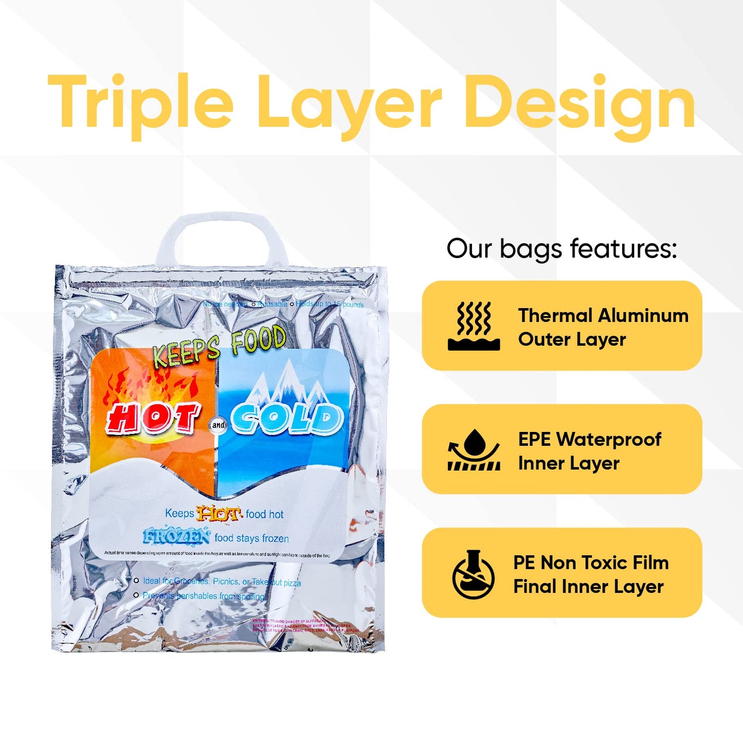 Superio Hot and Cold Insulated Bags for Food Delivery, Grocery Shopping Bags, Food Storage for Hot and Frozen Food for Travel, Disposable Cooler Bag, Reinforced Thermal Lunch Bag (4, 20"x19")
