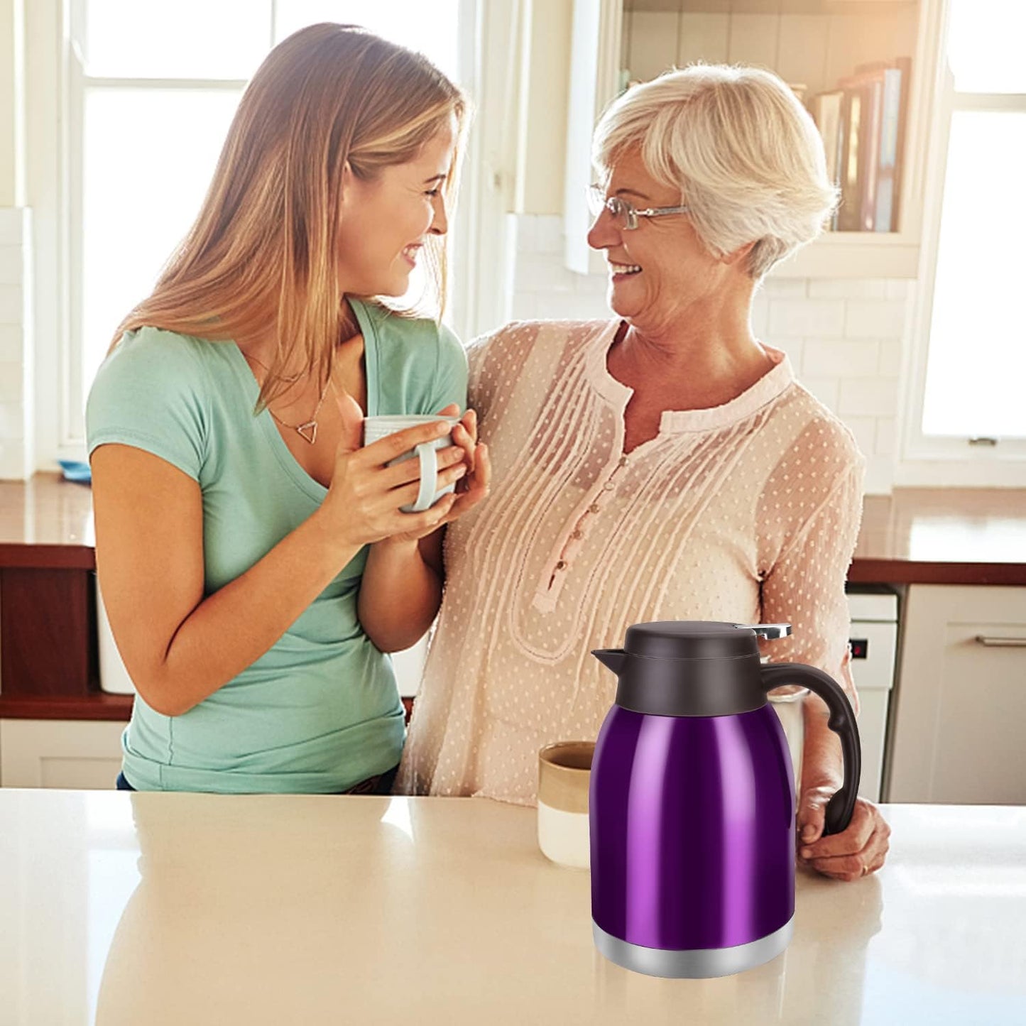 54oz Stainless Steel Thermal Coffee Carafe Dispenser, Unbreakable Double Wall Vacuum Flask 1.6L Water Tea Pot Beverage Pitcher for Hot Coffee for Christmas Carafe (Purple)