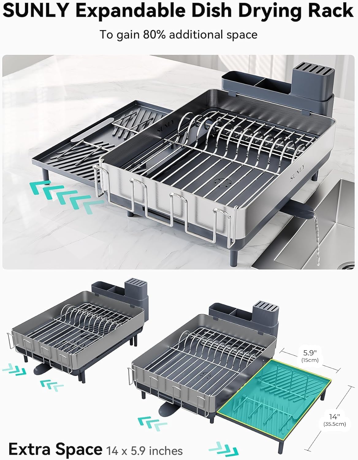 SUNLY Large Dish Drying Rack, Expandable Dish Racks for Kitchen Counter, Space Saving 304 Stainless Steel Drying Rack Kitchen, Extra Large Drainer with Multifunctional Flip Up Pegs, Gray