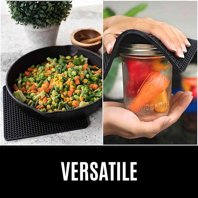 BPA-Free Soft Silicone 4 Piece Oven Mitts & Trivets Set - Ultra Heat Resistant Oven Mitts with Thick Cotton Liner - Long Slip Resistant Pot Holders, Flexible Oven Gloves - Black
