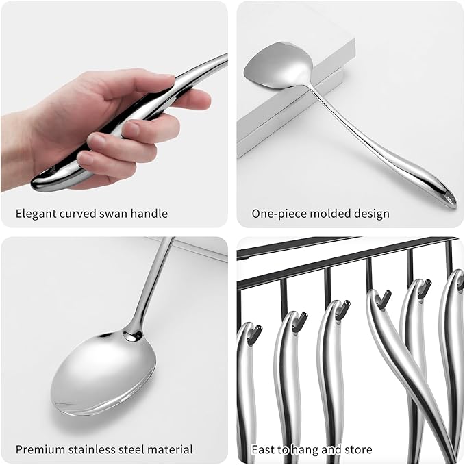 304 Stainless Steel Kitchen Utensils Set, 6 Pcs Long Metal Cooking Utensil with Spatula, Solid Spoon, Ladle, Skimmer, Spaghetti Spoon, Meat Fork, Dishwasher Safe
