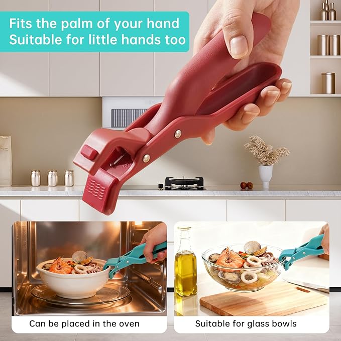 2Pc Hot Plate Gripper Tongs, Silicone Non-Slip Kitchen Utensil, Heat Insulation Anti-Scald Bowl Holder Clip for Cooking (Red + Red)