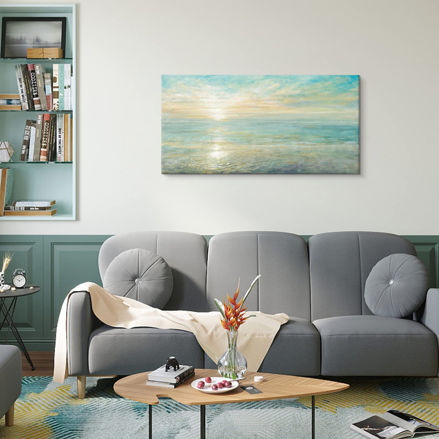 Goldfoilart Beach Sunrise Pictures Ocean Wall Art Coastal Canvas Prints Sea Waves Poster Paintings for Living Dining Room Bedroom Bathroom Framed Artwork Decorations Home Decor 20"x40"