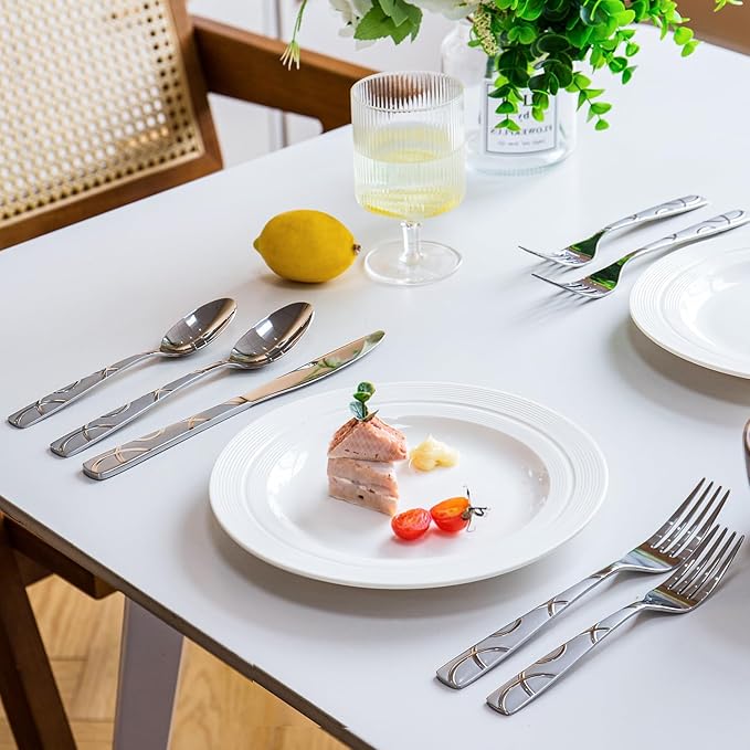 HIKAA Silverware Set, 45-piece Silverware Set with Serving Utensils Set, for Kitchen, Home, Wedding, Party, Mirror Polished and Dishwasher Safe