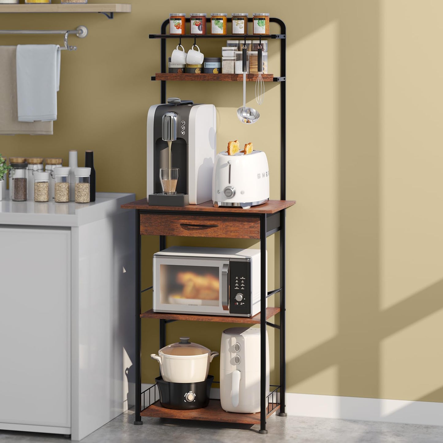 Homsorout Coffee Bar Station - Bakers Rack with Fabric Drawer, Microwave Oven Storage Stand, Bakers Rack for Coffee Stand Station, Home Kitchen Organizer, Brown