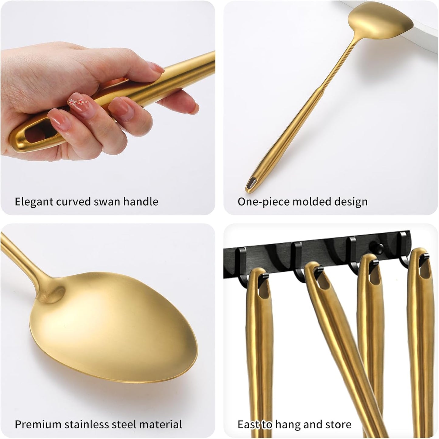 304 Stainlss Steel Matte Kitchen Utensils Set, 12 Pcs Long Metal Cooking Utensil Gadgets Tools Set with Spatula, Ladle, Spoon, Ladle, Skimmer, Tunner, Pasta Server, Tongs(Gold, Dishwasher Safe)