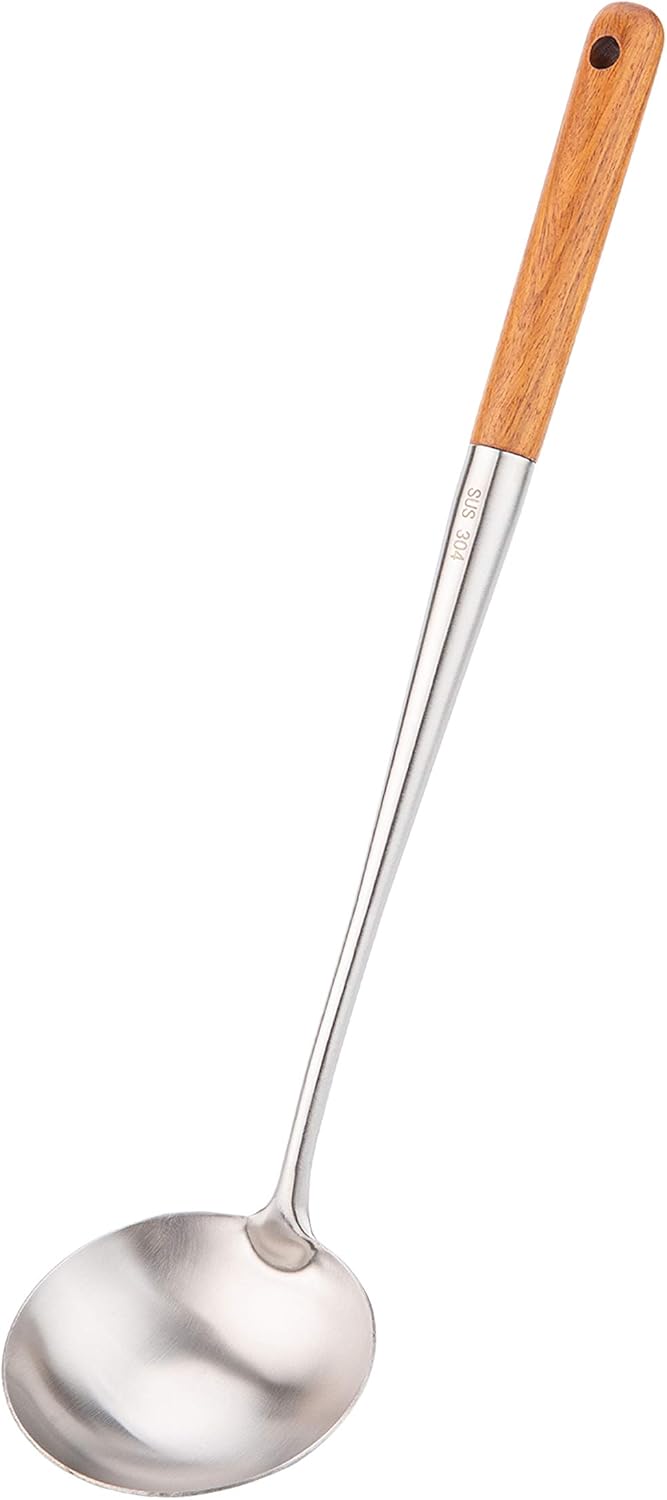 FJNATINH Soup Ladle, 17inches Ladle for wok, 304 Stainless Steel Soup Spoon Cooking Spoon for Kitchen with Wooden Handle