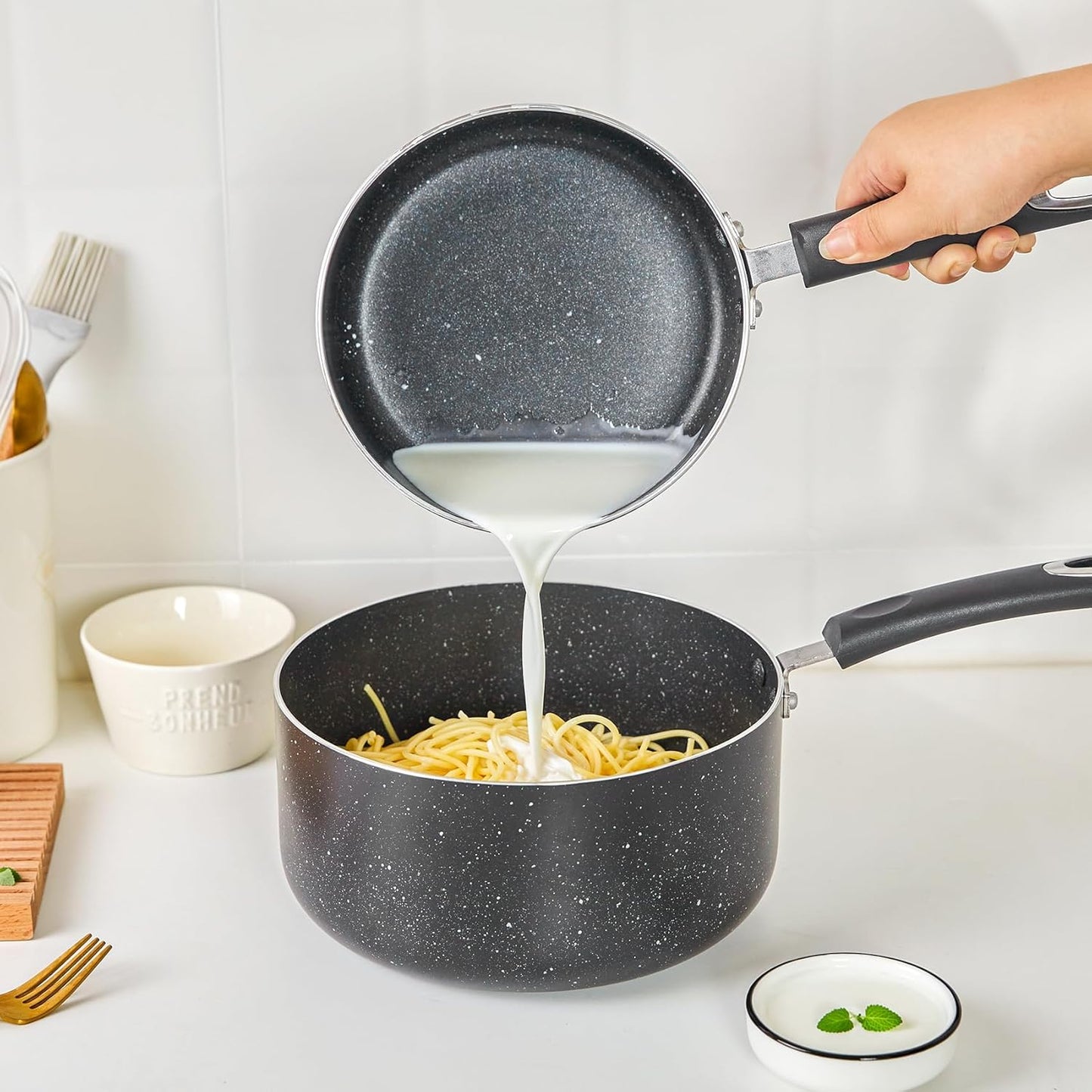 Nonstick Saucepan Set - 3-Pieces Pot Set 1 Quart & 2 Quart & 3 Quart,Ultra Non Stick Sauce Pan Small Pot with Glass Lid,Great for Home Kitchen Restaurant,Black