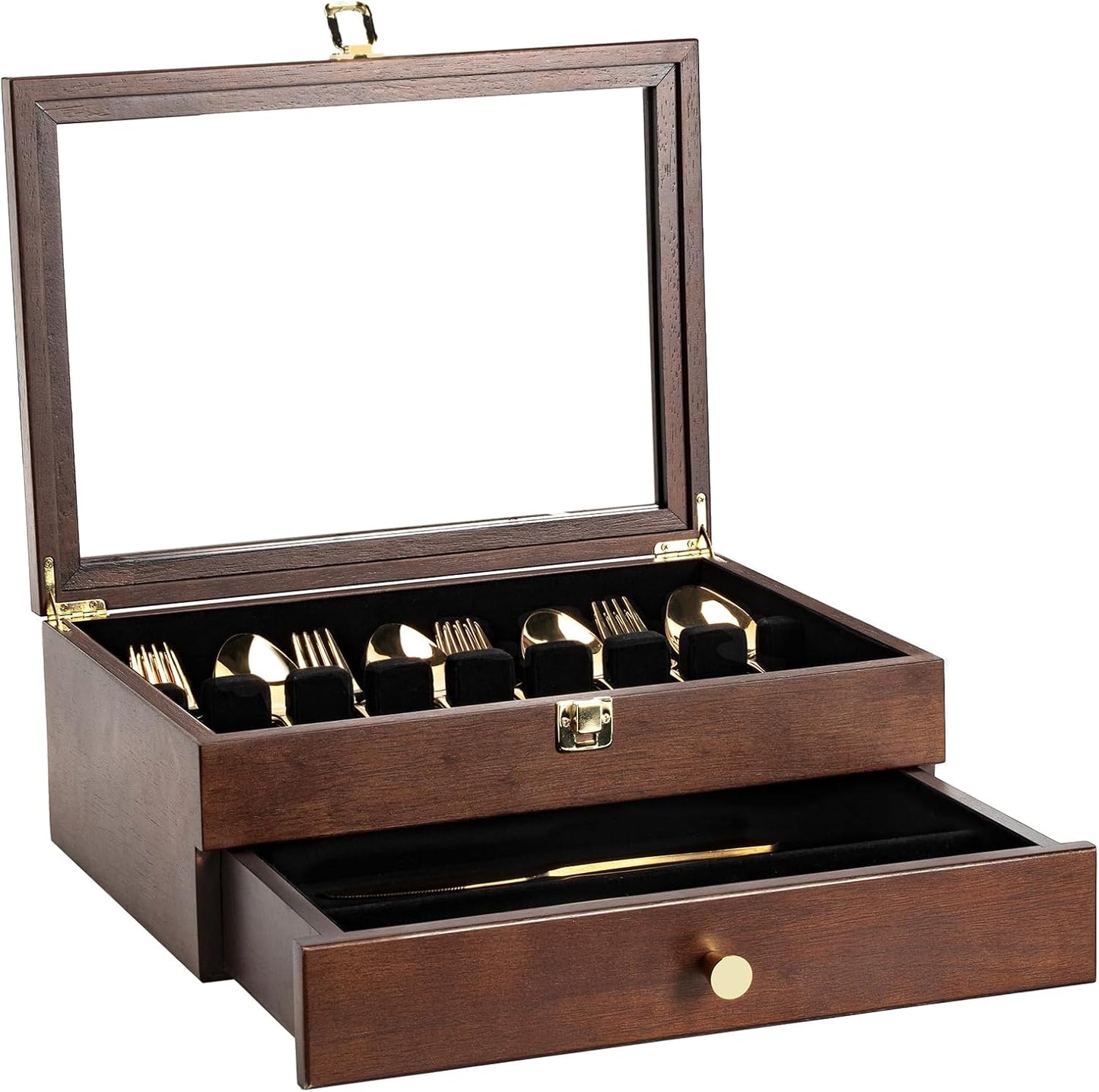 Silverware Box, 2-Layer Wooden Silverware Storage Box with Glass Lid, 14.5×10.6 Inches Luxury Style Decor Flatware Storage Case for Fine Flatware & Utensils, Gift Idea (Walnut)