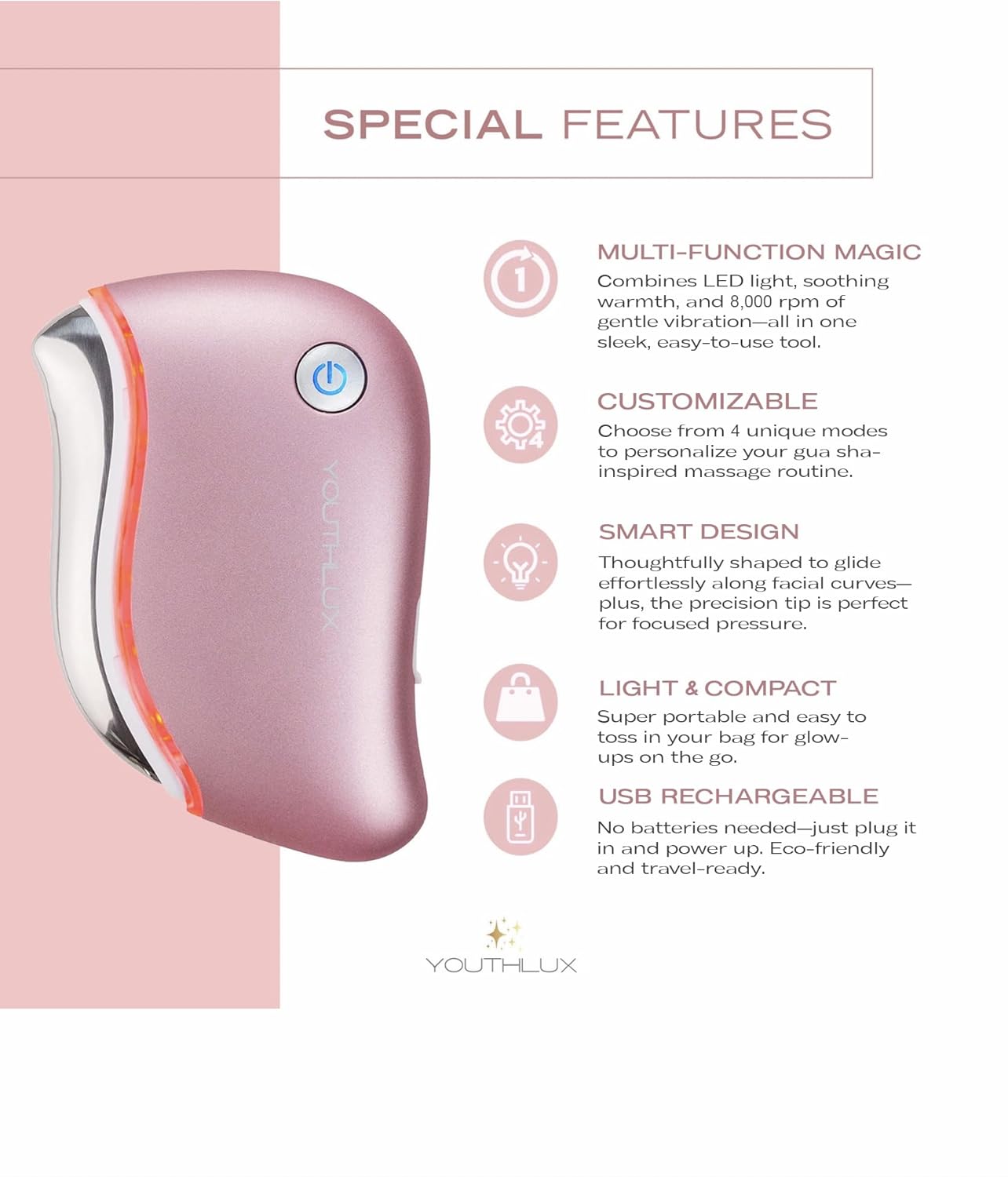 ProSculpt Heated Gua Sha Facial Massager – Electric Guasha Tool for Face Sculpting, Relaxation & Skincare | Soothing Vibration Facial Massage Tool with Contoured Design (Rose Gold)