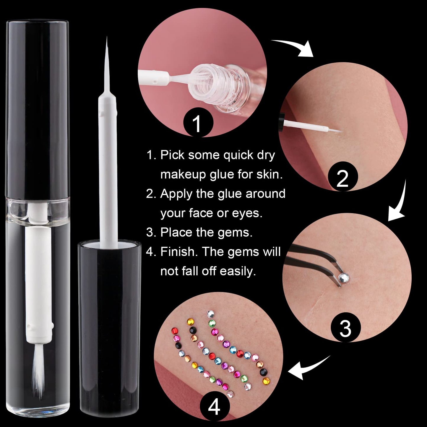 Flat Back Rhinestone Kits Colorful Rhinestones+Crystal AB Gems with Quick Dry Glue+Picker Pencil+Tweezer for Nail Art and Face Make-up