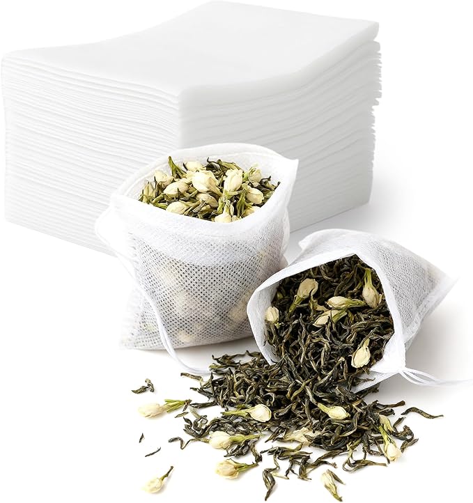 TamBee 100 Pack Disposable Tea Filter Bags Empty Muslin Drawstring Seal Filter Tea Bags Drawstring Herb Loose Tea bag (1.97"X2.76" / 5cm X 7cm)