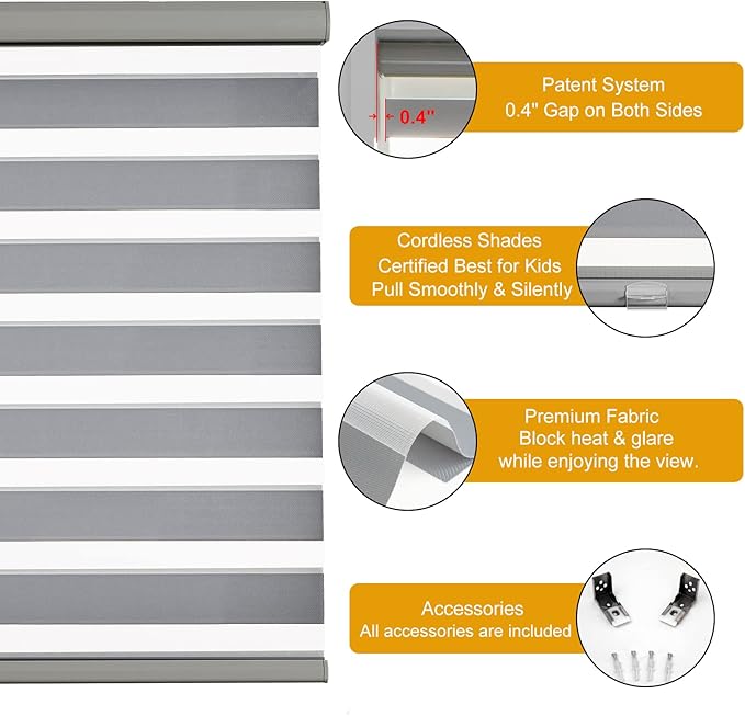 Persilux Cordless Zebra Blinds for Windows Free-Stop Roller Window Shades (70" W X 64" H, Grey) Dual Layer Light Control for Day and Night, Light Filtering Sheer Shades for Home, Easy to Install