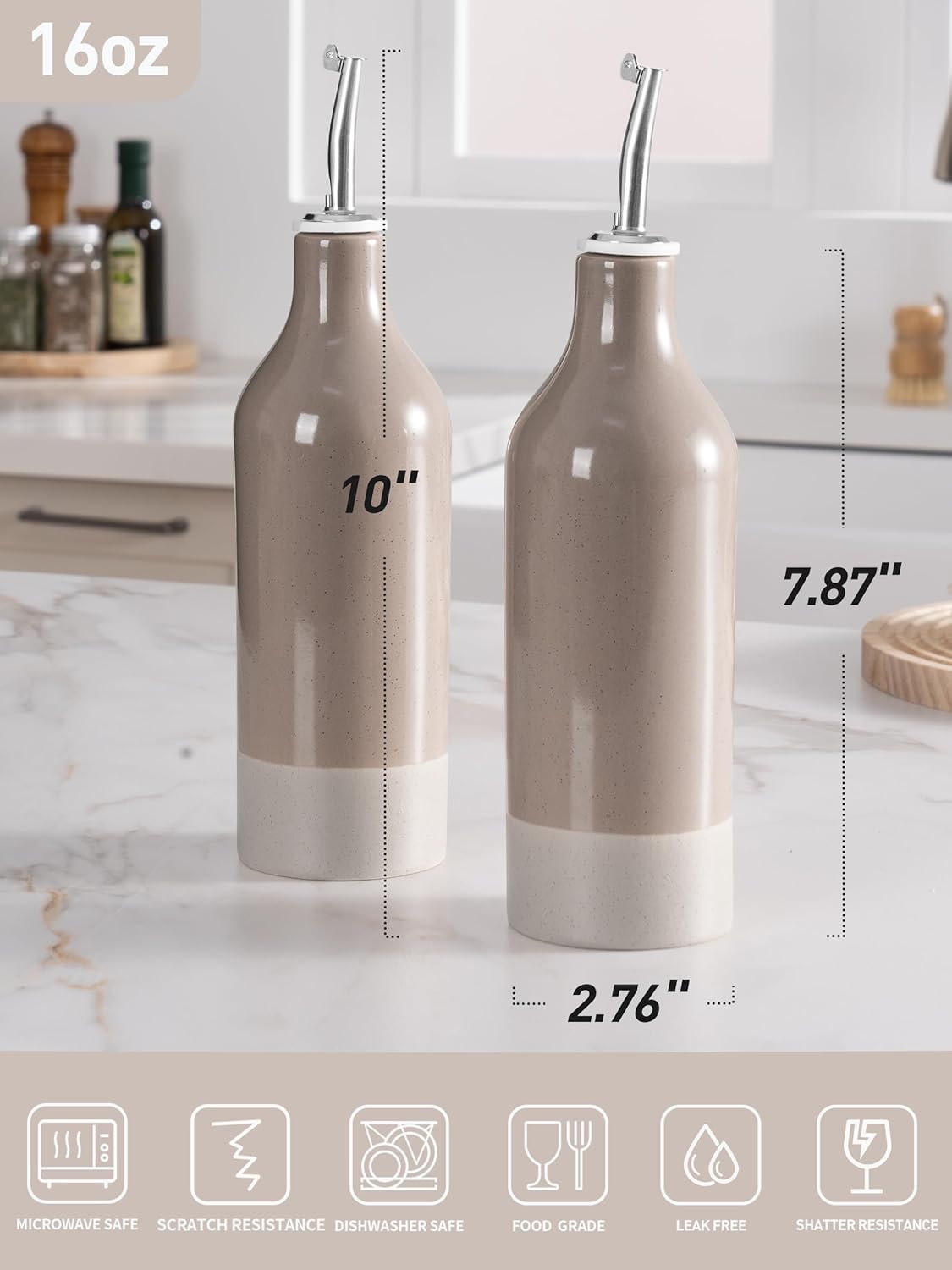 famiware Milkyway 16oz Ceramic Olive Oil Dispenser Bottle, Olive Oil and Vinegar Dispenser Bottle Set of 2 with Stainless Steel Pourers, Suitable for Storage Vinegar, Liquids, Dark Gray