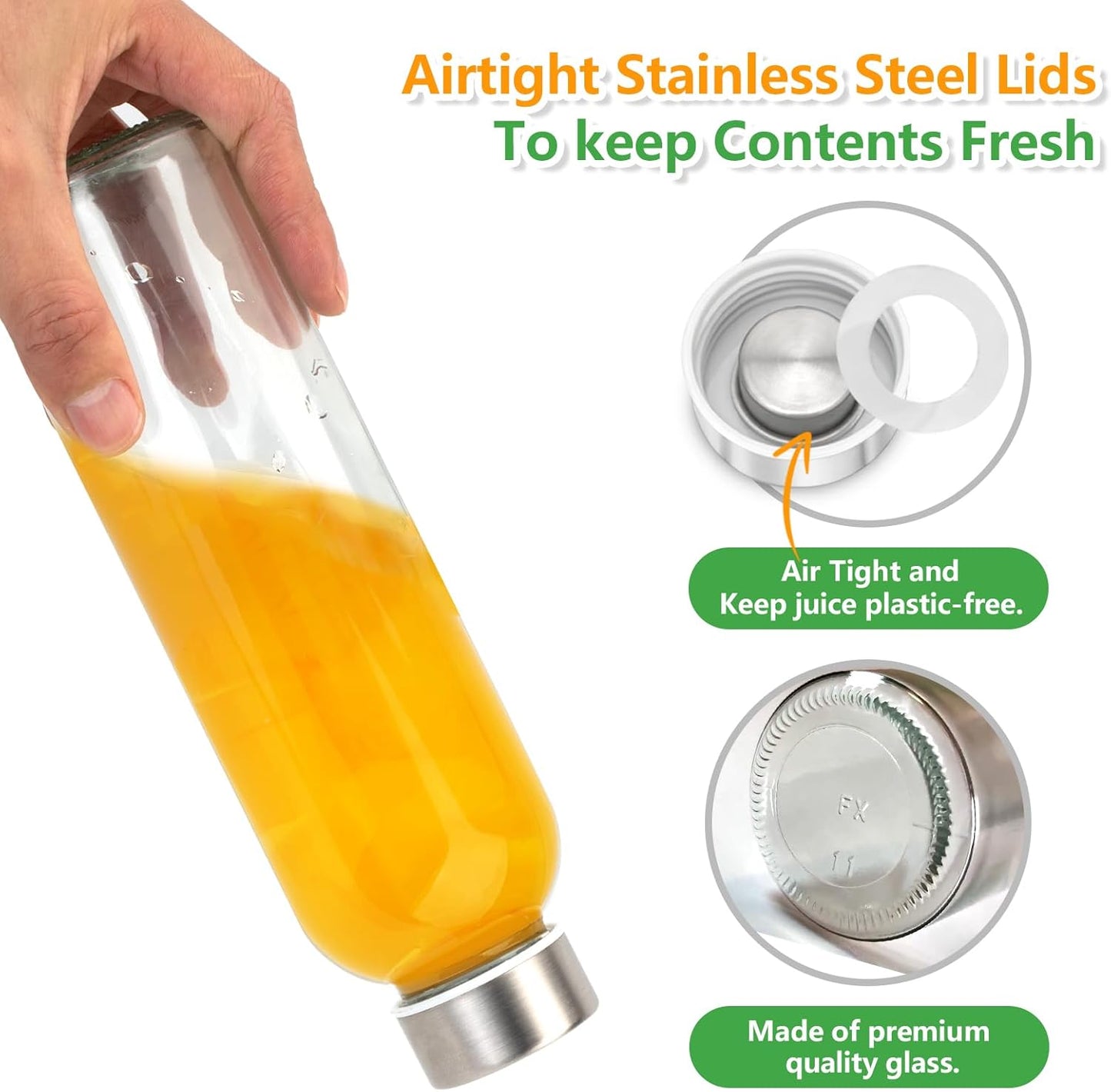 Zukro Glass Juice Bottles with Lids for Juicing 18 oz, Reusable Clear Glass Water Bottles with Stainless Steel Airtight Cap for Refrigerator, 100% Leak Proof Drinking Jar, BPA Free, Set of 6