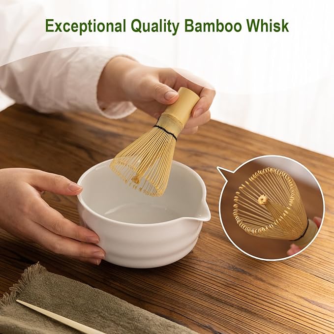 Matcha Whisk Set,Ceramic Matcha Set,with Ceramic Bowl,Bamboo Whisk&Holder,Scoop,Authentic Japanese Matcha,for Matcha Lovers,Gift for Family/Friend(Porcelain white)