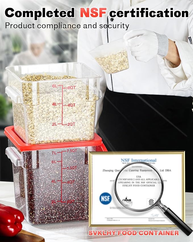2QT NSF Food Storage Containers: 6 PCS [Food Grade][Hot&Cold Resistant] Commercial Clear Square Food Storage Containers with Scales Handles for Home Restaurant Kitchen Proof Dough(BPA FREE N1)