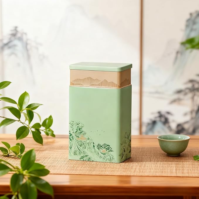 HAN SHENG Tea Canister, Airtight Storage Tin for Loose Leaf Tea & Bags, 8-Inch Decorative Metal Container with Oriental Mountain Design, Green
