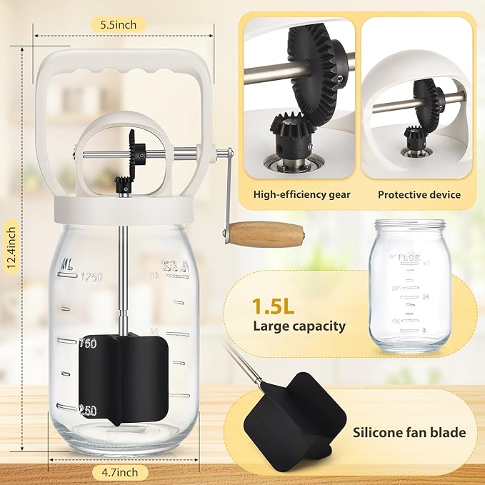CAROD Classical Butter Churner, 1.5L Glass Jar with Hand Injury Prevention Device & Sifting Lid, 50oz Hand Crank Jar Maker Creates Fresh Homemade Butter within 15 Min, Ideal DIY Kitchen Gift