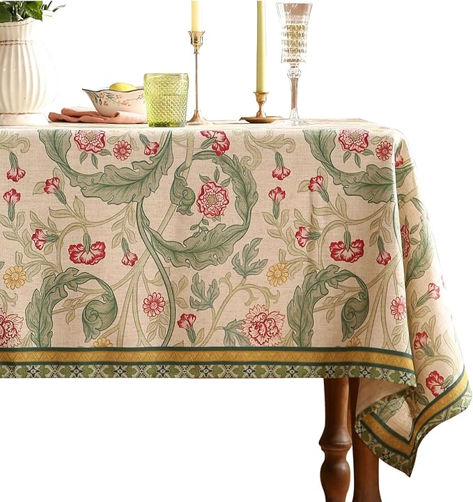 patdrea Designer Linen Tablecloths for Rectangle Table,Green Vintage Leaves Pattern Tablecloth,Decor Floral Table Cover for Kitchen Dining Christmas,Thanksgiving,Tea Party,55"x87"-Cecilia a