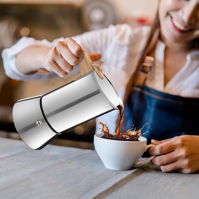 No Coating 6 Cup Moka Pot Thickened 304 Stainless Steel Stovetop Espresso Coffee Maker 300ml 10.1oz Mocha Percolator Greca Cuban Ideal for Making Rich Authentic Italian Café