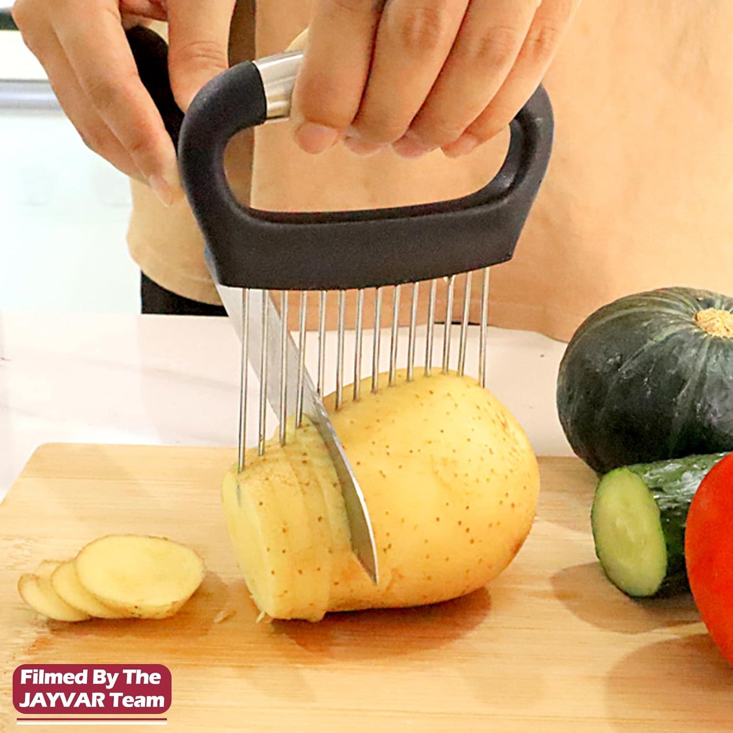 JAYVAR Large Onion Holder for Slicing, 3Pieces Large Tomato Slicer, Stainless Steel Onion Chopper Vegetable Cutter for Potato Lemon, Meat Tenderizer Tool, Kitchen Food Slicer Guide for Neat Slicing