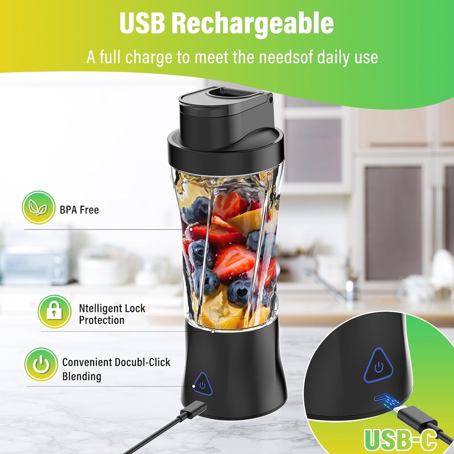 Portable Blender, 360W Personal Blender for Shakes and Smoothies for Kitchen, 24 Oz BPA Free Traveling Juicer Cup and Lid with 6 Blades, Self Cleaning Portable Juicer for Kitchen/Travel/Gym, Black