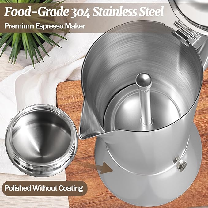 2 Cup Thickened Moka Pot 304 Stainless Steel 100ml Italian Espresso Coffee Maker Stovetop CoffeeMakers Mocha Pot Percolator for Induction Stove Classic Cafe Makers Portable for Easy Brewing