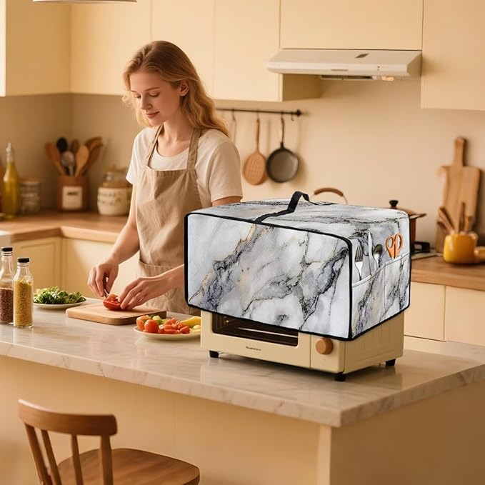 Toaster Oven Dust Cover Washable Fabric Convection Oven Cover Protector Compatible with Various Small Kitchen Appliances, L, Gray White Marble