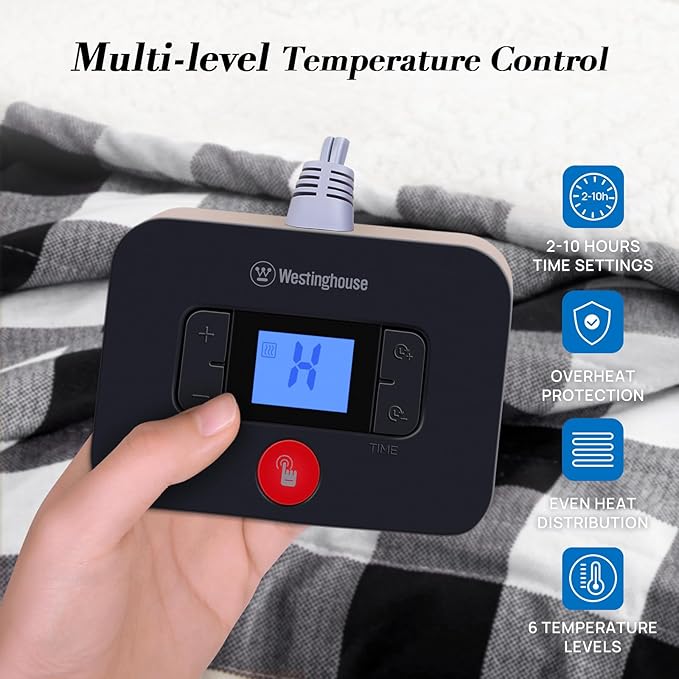 Westinghouse Electric Blanket Queen Size, Soft Flannel to Sherpa Heated Blanket with Dual Control 10 Heating Levels & 1 to 12 Hours Auto-Off, Machine Washable, Fast Heating, 84 * 90 Inch, Black