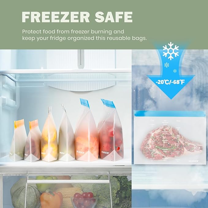 IDEATECH Reusable Sandwich Bags Gallon Freezer Bags Leakproof & Dishwasher Safe - Silicone Bag for Food Ftorage Stand Up for Meal Prep, Travel, Washable (6 Gallon + 6 Sandwich + 8 Snack)