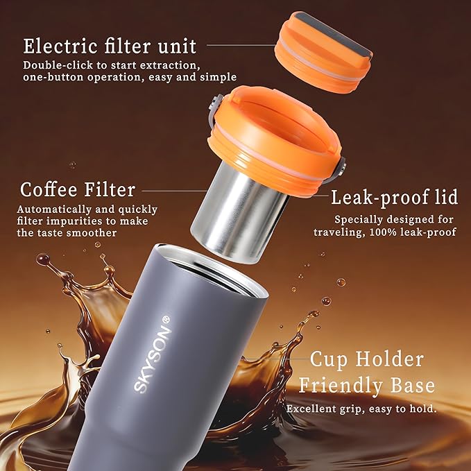 Portable Coffee Maker Mug for Travel,Mini Espresso Coffee Machine,20 oz Thermos Cup with Lid Fast Extraction Electric Filter Brewer,Insulated Stainless Steel Tumbler(Orange)