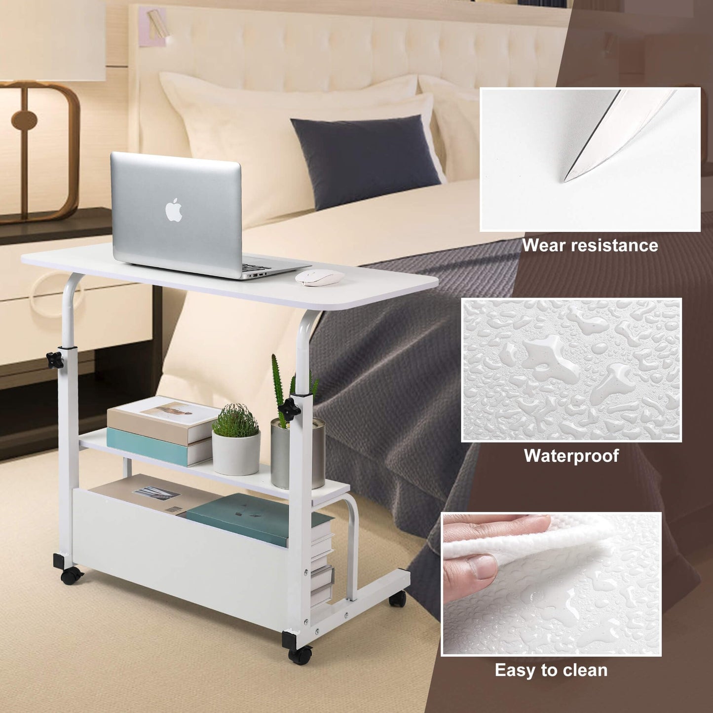 Adjustable Height Mobile Computer Desk for Small Space Rolling Writing with Wheels Corner Home Office Study Portable Bedrooms Work Desk Standing Table Sizes 31.5X15.7 Inches White
