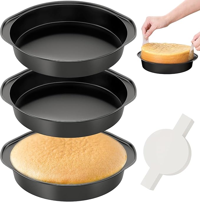 9 Inch Round Cake Pan with Handle, 3PCS Nonstick Cake Pans with 100 PCS Parchment Paper