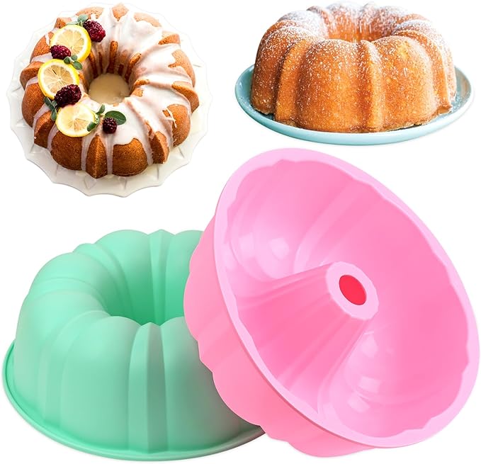 HUAKENER 10 Inch Fluted Cake Pan (2 Pack) - 12 Cups Nonstick Fluted Tube Pan, Large Size Silicone Baking Molds for Cake, Brownie, Cornbread