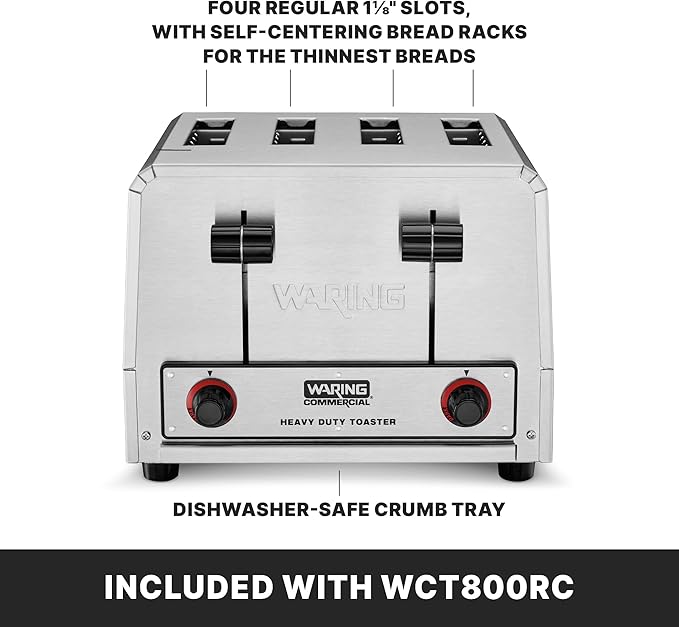 Waring Commercial WCT800RC 4-Slice Heavy Duty Commercial Pop-Up Toaster, 120V, 1800W, 5-15 Phase Plug