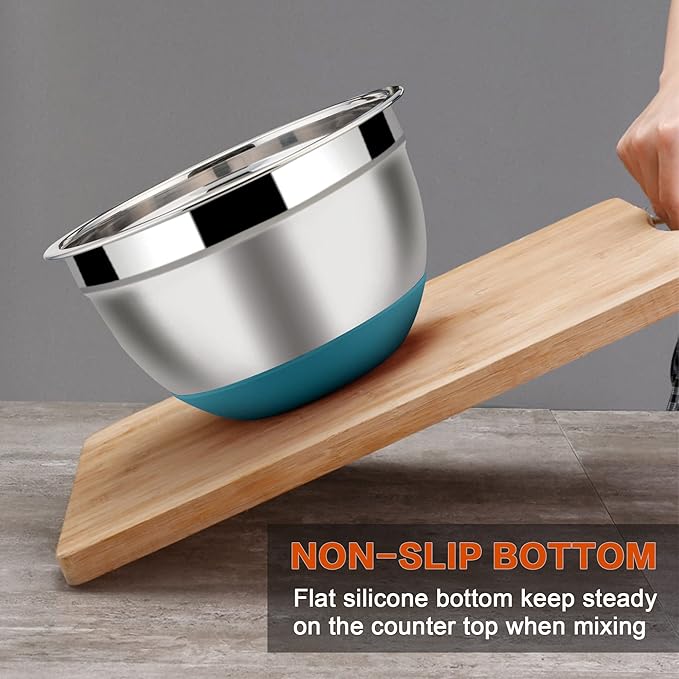 LIANYU Stainless Steel Nesting Mixing Bowls Set of 6, Non-slip Bottom & Airtight Lids, Size 7, 3.5, 2.5, 2, 1.5, 1QT, Large Metal Bowls for Cooking, Baking, Food Storage, Dark Blue
