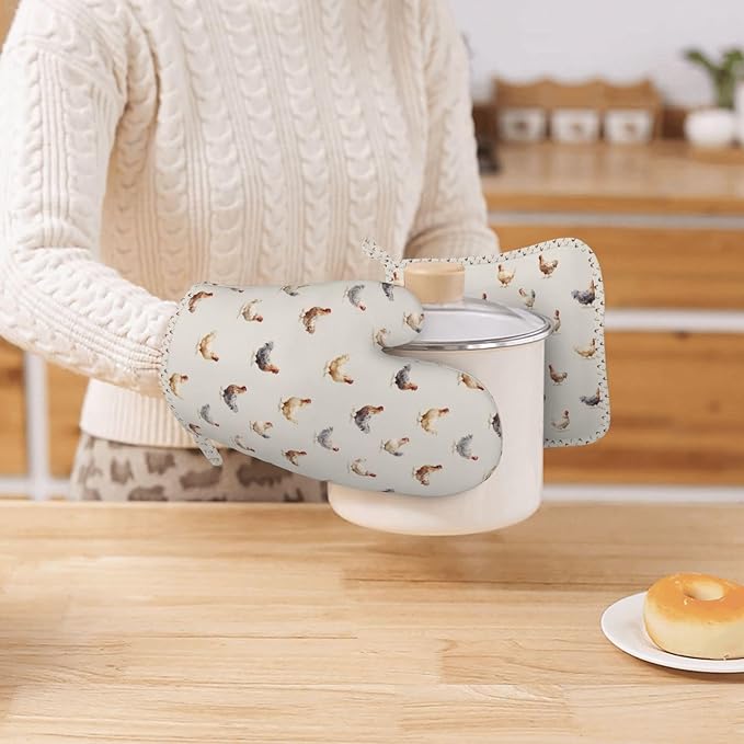 Oven Mitts and Pot Holders Set, Chicken Pattern Silicone Kitchen Accessories 4 Piece Heat Resistant Long Gloves Potholder Non-Slip Grip for Chef Cooking Baking Grilling BBQ