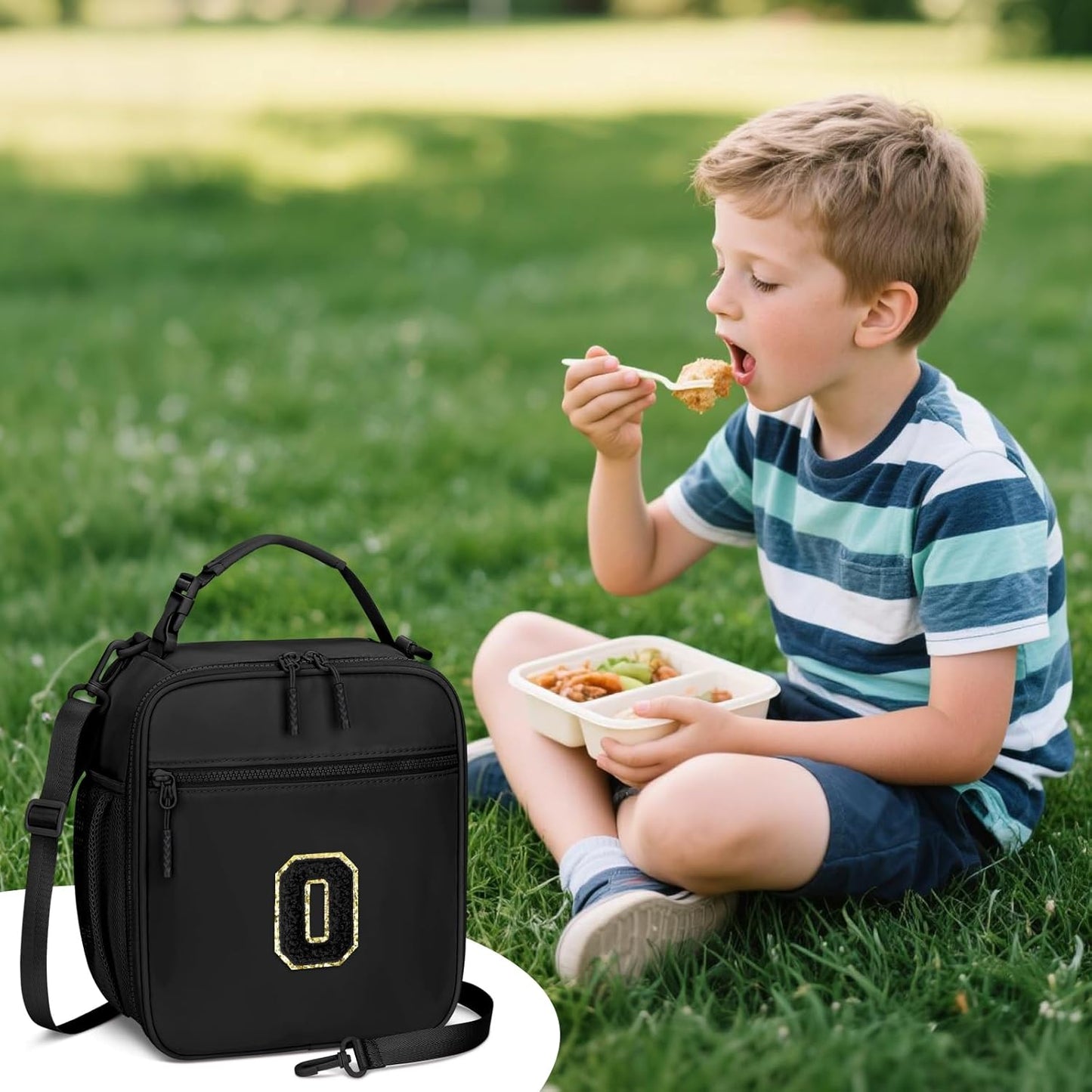 Initial Insulated Lunch Bag for Boys Kids, Back to School Gift, Reusable Leak-proof Lunch Box with Adjustable Strap for School Daycare Travel Picnic（Black，O）